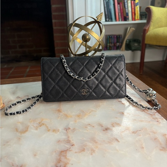 CHANEL Handbags - CHANEL Silver Hardware Black Quilted Leather Wallet w/ Chain Strap | WOC
